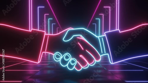 Neon Light Handshake in Digital Tunnel Background, Virtual Business Partnership