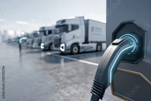 Electric semi-truck charging station with modern EV fleet at logistics depot, showcasing sustainable freight transport and fast-charging infrastructure