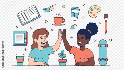 two women high five surrounded by creative items
