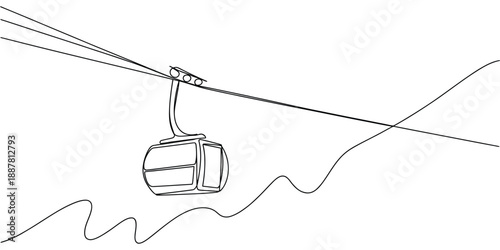 Cable car illustration, continuous one line drawing of cable car transportation in mountainous area, tourism travel adventure concept, single line vector style