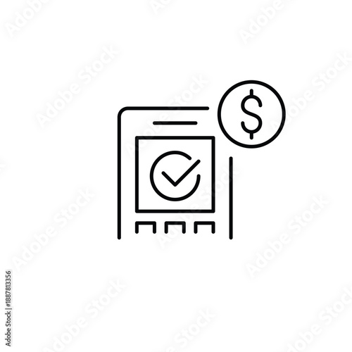 NFC payment terminal with checkmark and dollar sign. Transaction approved. Pixel perfect, editable stroke vector icon