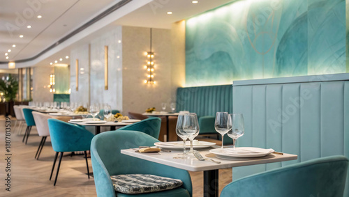 Elegant Restaurant Interior with Modern Teal Seating