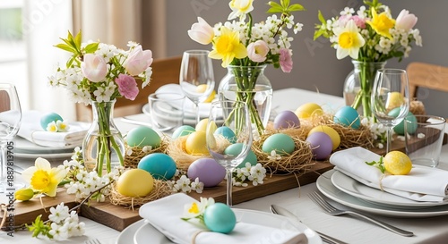 Easter table setting with eggs and flowers, bright natural light