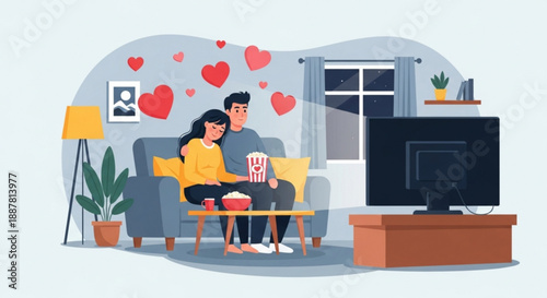 Couple snuggling on sofa watching tv together with popcorn at home