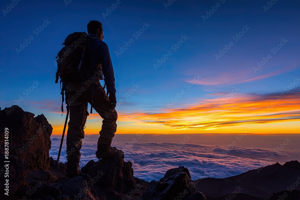 Fototapeta premium Adventurer Silhouette Standing on Mountain Ridge at Sunrise Over Clouds