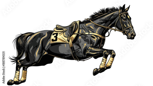 Black Jumping Horse with Racing Saddle and Number 3