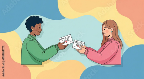 Two people exchanging letters in colorful background