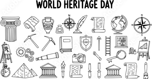 World Heritage Day Black and White Line Art Doodles Collection. Hand-drawn Outline Icons Set for History, Culture, Archaeology, and Education.