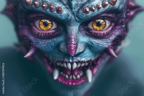 Close view of a fantasy creature with vibrant colors and sharp teeth staring directly at the viewer in a vivid artistic setting