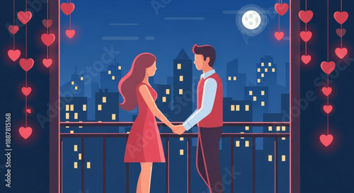 Couple holding hands on romantic balcony with city skyline at night