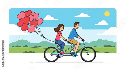 Couple riding tandem bicycle with balloons on a sunny day