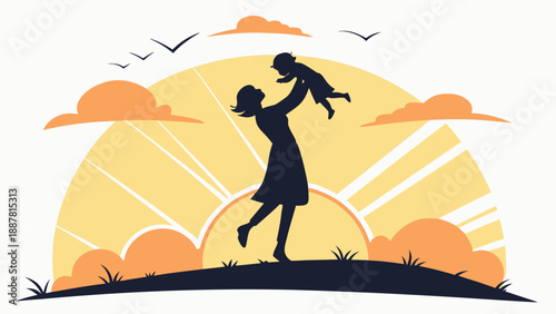 Mother and Child Silhouette at Sunrise Illustration