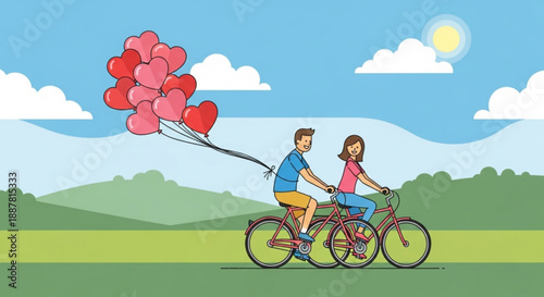 Couple riding tandem bicycle together with heart balloons in sunny