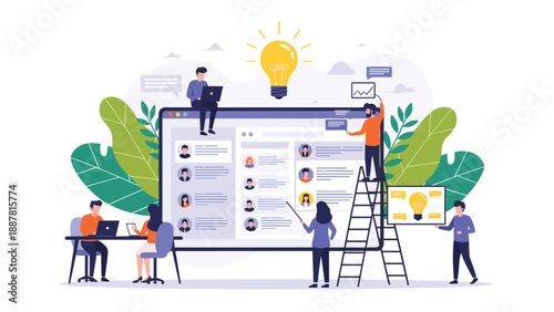 Diverse team of professionals collaborating on web development and project management with a giant computer screen and creative ideas.