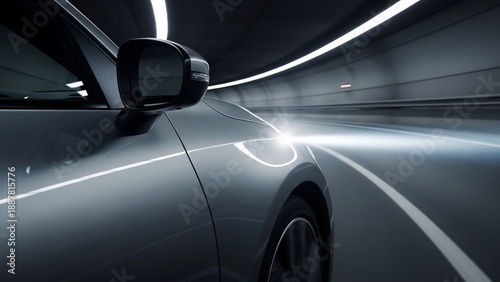 Silver car speeding through a dark tunnel with motion blur.