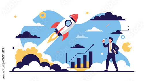 Business startup concept featuring a powerful rocket launch with growth charts and a successful professional celebrating rapid progress.