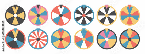 Game wheel vector, multicolor oval wheels with sections for prizes and rewards, fun contest and raffle concept