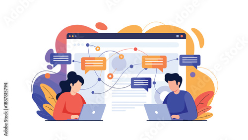 Male and female professionals working on laptops while connected through digital network communication and online chat bubble interfaces.