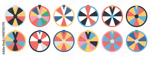 Game wheel vector, multicolor oval wheels with sections for prizes and rewards, fun contest and raffle concept