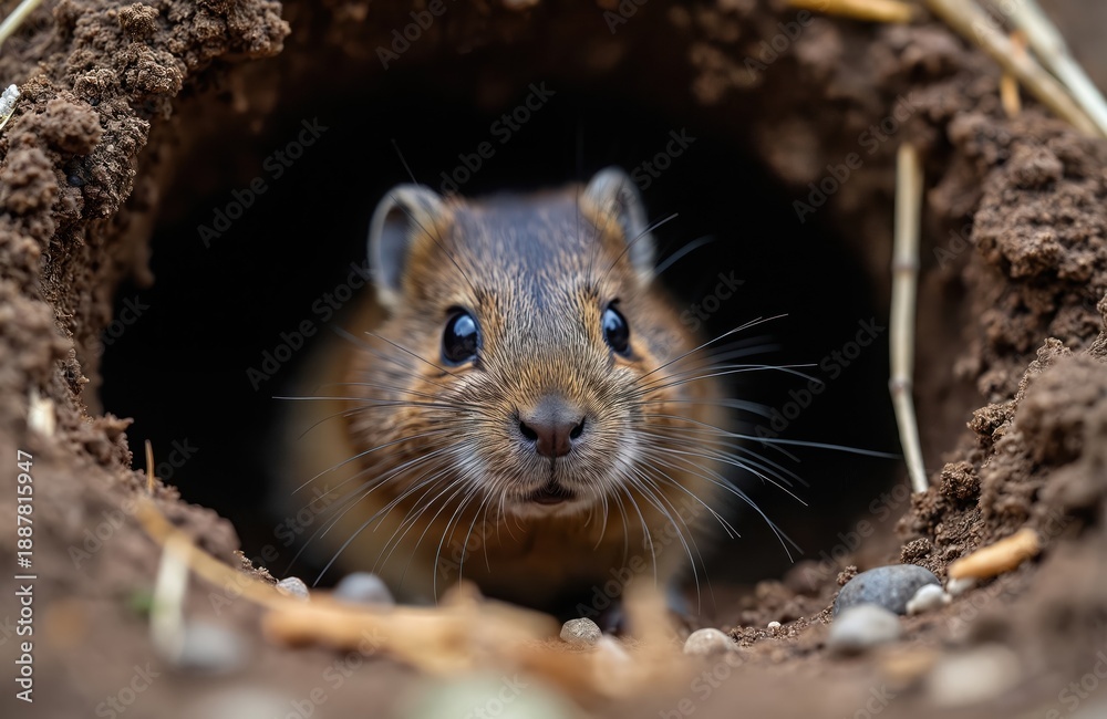 Fototapeta premium Common vole emerges from its underground burrow. Small rodent peeks from dark hole in soil. Wild mammal observes its surroundings, seeking food or safety.