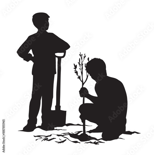 Vector drawing. A boy works in a garden