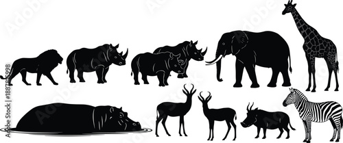 African wildlife animal silhouettes including lion, rhino, elephant, giraffe, hippo, zebra, antelope and buffalo in vector illustration design
