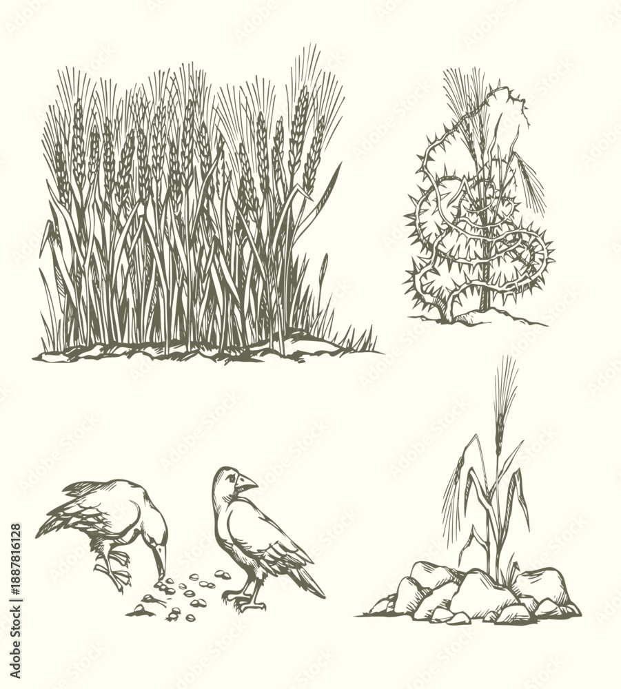 Obraz premium Vector drawing. Old wheat field. Biblical parable