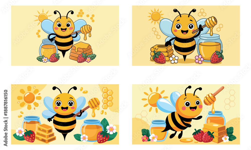 Obraz premium Cute bee cartoon illustration with honey fruits 