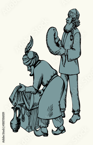 Vector drawing. Man sells a fabric on ancient market