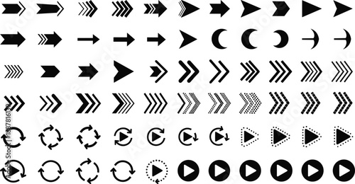 Arrow icons silhouette set featuring direction symbols rotation signs navigation elements forward play buttons recycle loop arrows in modern vector design