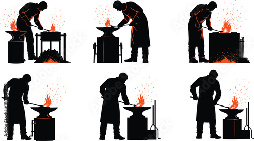 Blacksmith silhouette set, forging metal scenes, anvil hammer sparks, traditional ironwork process, craftsman industry illustration, vector flat design isolated collection
