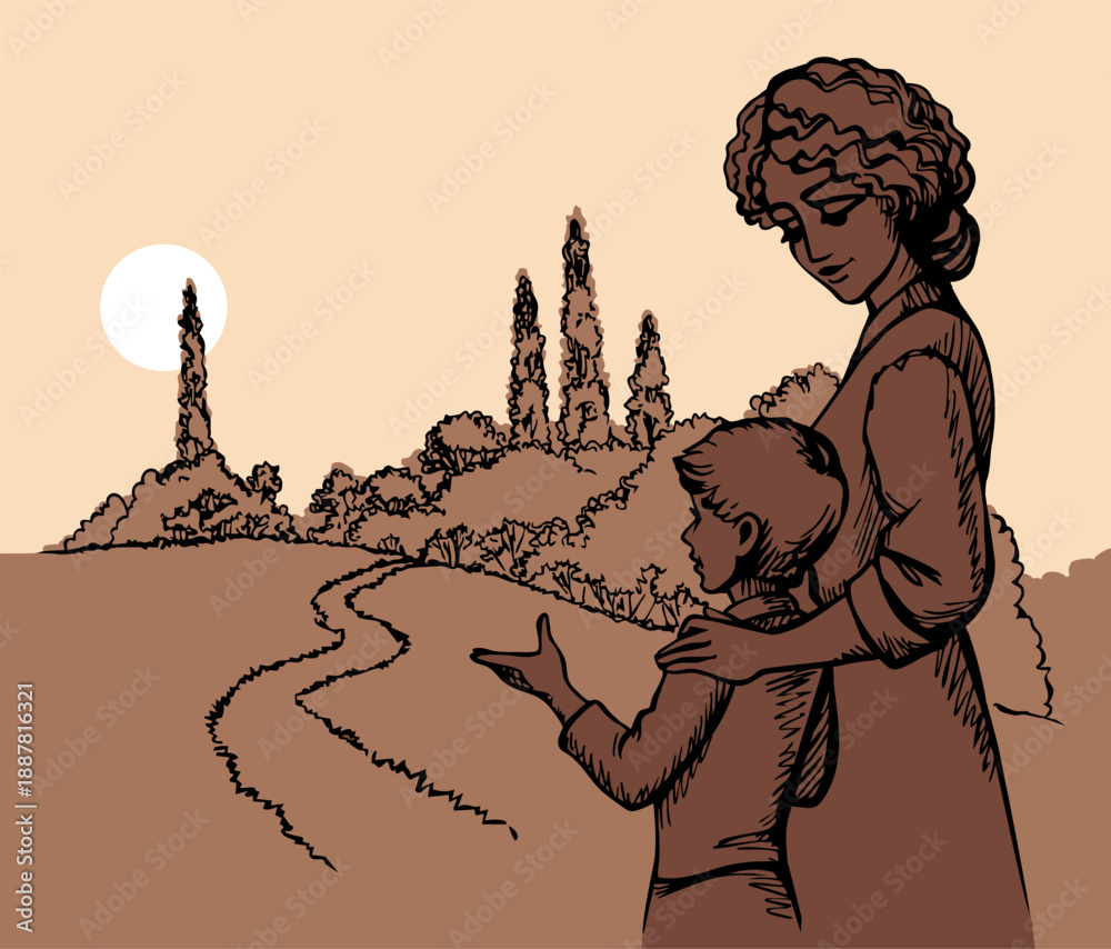 Naklejka premium Vector drawing. Mother and son in the field