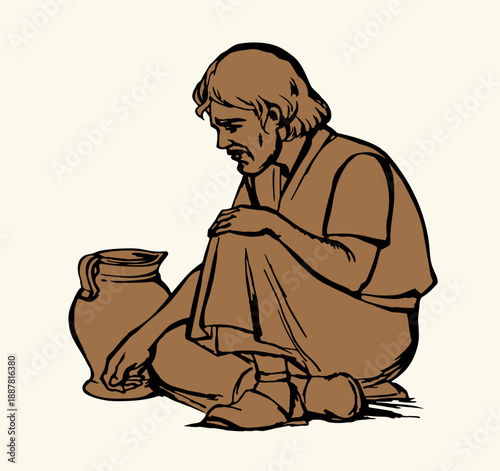 Vector illustration. A man is sitting on the ground