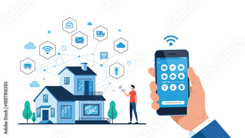 Modern homeowner controlling various smart home automation systems using a specialized mobile application on his digital smartphone.