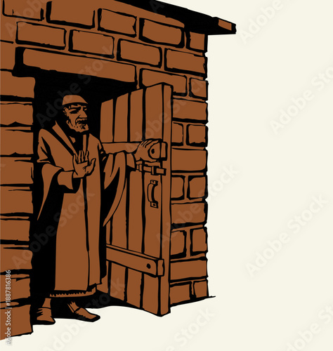 Vector drawing. Man at the door