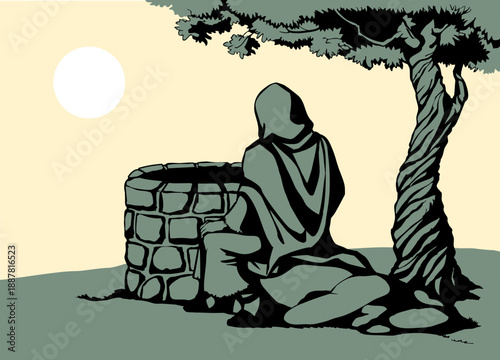 Vector drawing. Jesus at the well