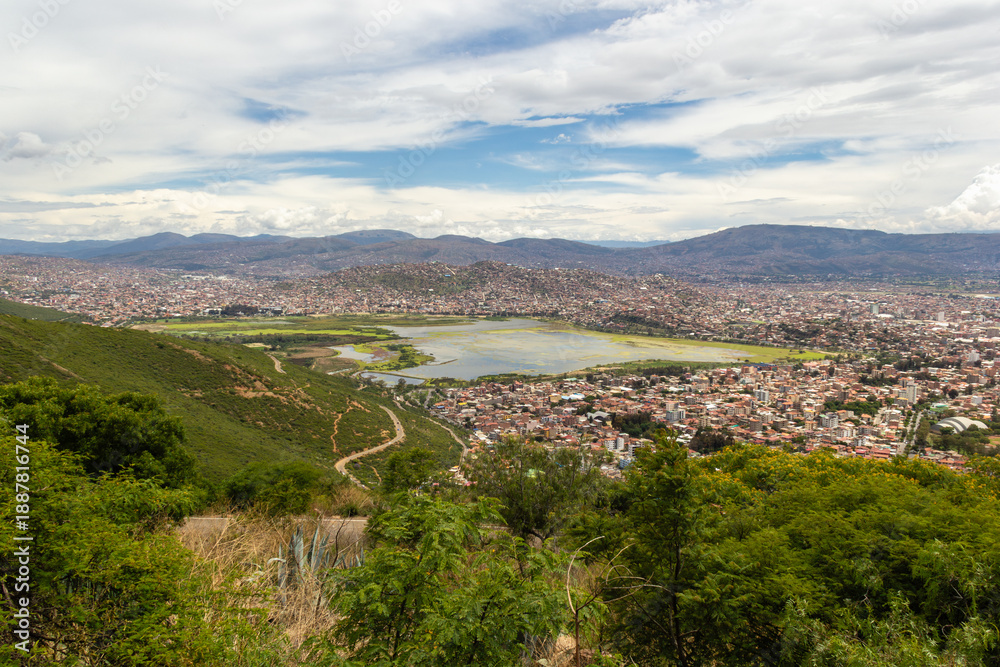 Fototapeta premium Alalay Lagoon from San Pedro Hill viewpoint - Cochabamba, Bolivia