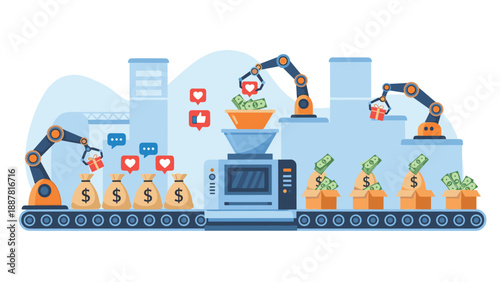 Automated business process with robotic arms handling money bags, gifts, and social media likes on a modern factory conveyor belt.