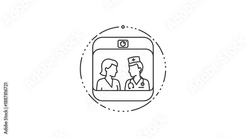 Simple black line icon depicting a patient engaging in a secure telehealth video consultation appointment with a professional medical doctor using a mobile phone device interface.