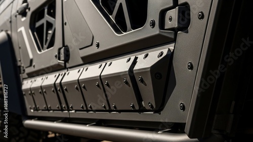 Detailed view of a rugged metal vehicle door with reinforced design and hardware.