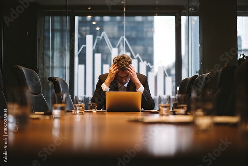 Stressed businessman in a glass boardroom gripping his head over a laptop while financial charts behind him show market volatility and decline