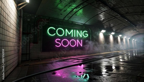 A dimly-lit, foggy subway tunnel with a large, glowing 