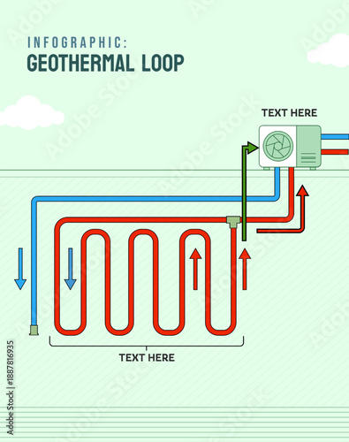 Geothermal ground loop system vector. Schematic of underground piping, thermal exchange, and sustainable heating. Perfect for green energy, HVAC education, and eco-friendly utility diagrams.