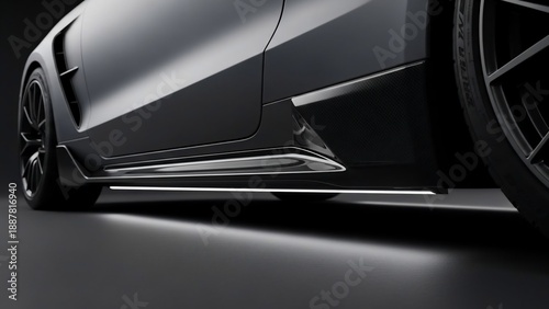 Sleek black sports car with illuminated side step on dark background.