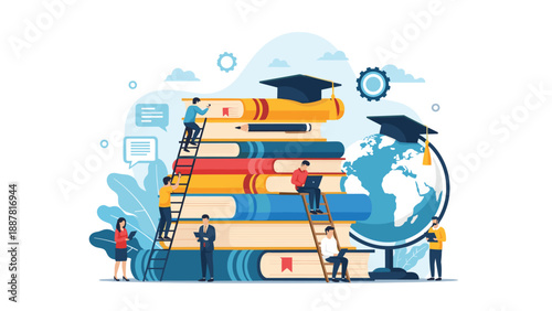 Group of students and professionals achieving success through education and global learning around a giant stack of academic books.