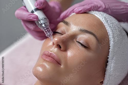 Professional facial microneedling treatment on a woman with closed eyes — modern skincare procedure for glowing, rejuvenated skin