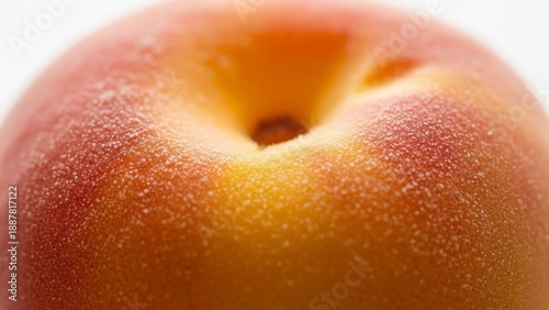 Close-up of a ripe peach with water droplets on its skin.