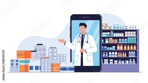Online healthcare and telemedicine concept featuring a professional doctor on a smartphone screen with various pharmacy products.