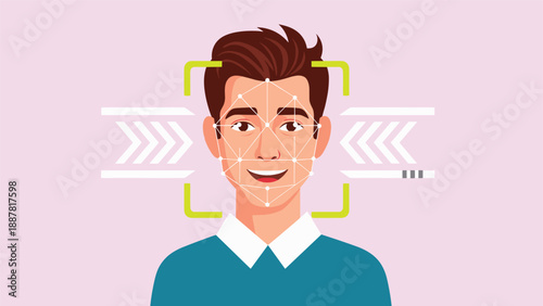 Facial recognition and biometric identification concept with scanning grid on a young man face for secure technology access control.