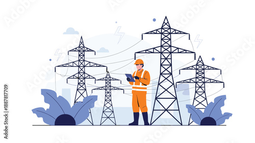 Electrical engineer in safety gear using a digital tablet to inspect high voltage power lines and transmission towers in the field.